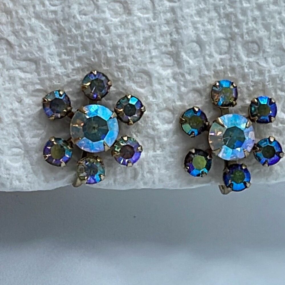 Weiss blue floral AB stones screwback earrings.
